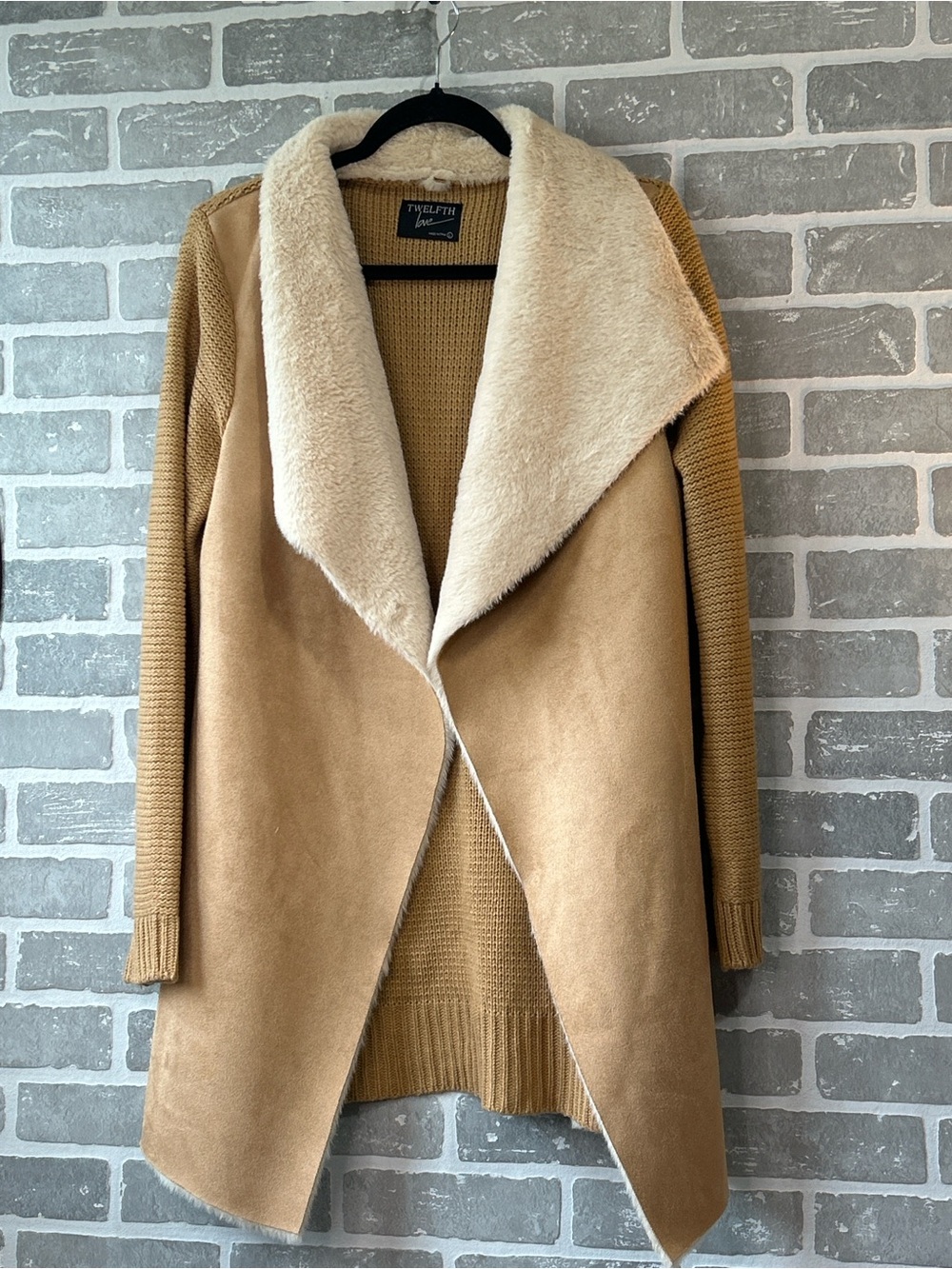 Twelfth Love Sherpa Sweater Coat Med Camel Faux Suede Cozy Open Front Cardigan - Picture 2 of 6